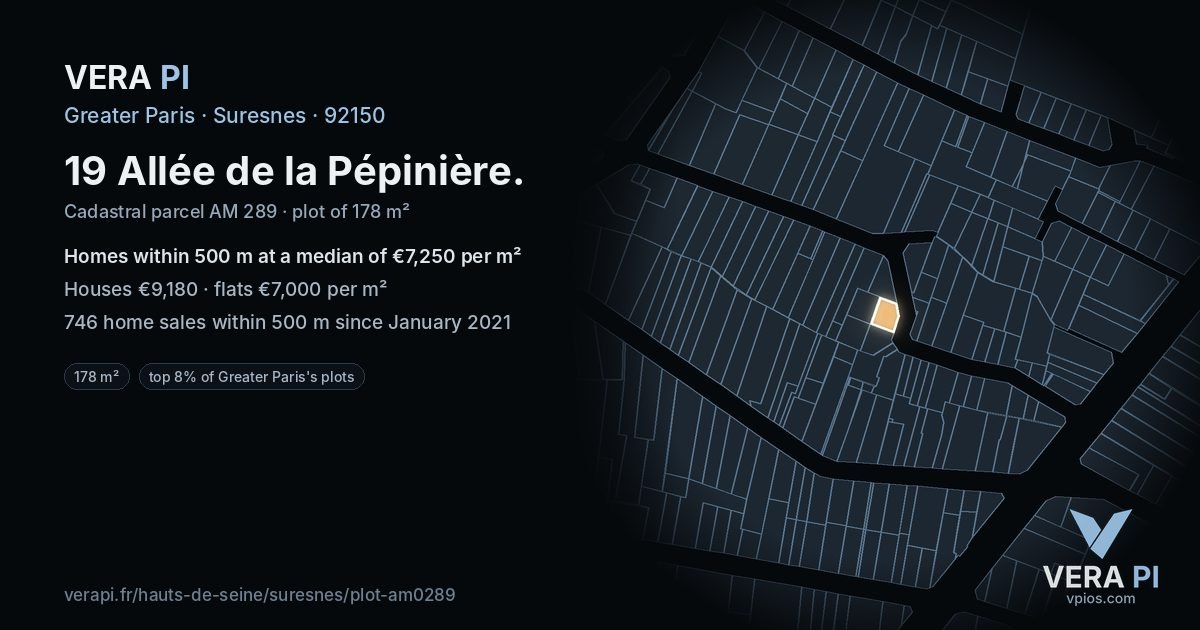 19 Allée de la Pépinière, Suresnes at night – the plot lit, the parcels around coloured by the prices near them