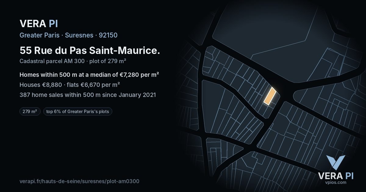 55 Rue du Pas Saint-Maurice, Suresnes at night – the plot lit, the parcels around coloured by the prices near them