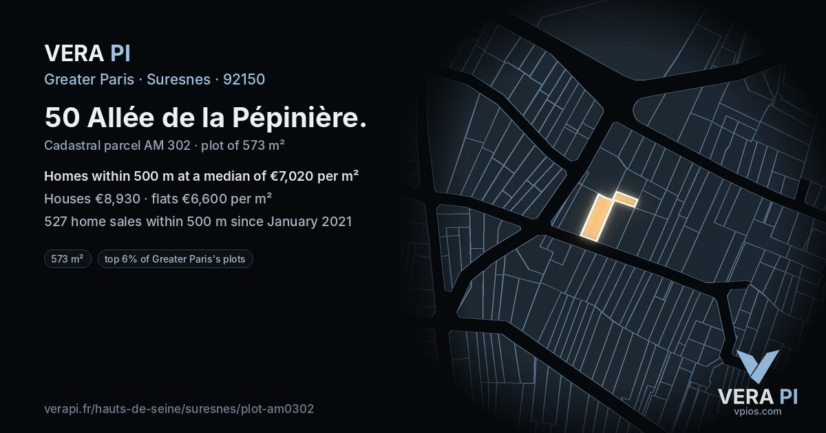 50 Allée de la Pépinière, Suresnes at night – the plot lit, the parcels around coloured by the prices near them