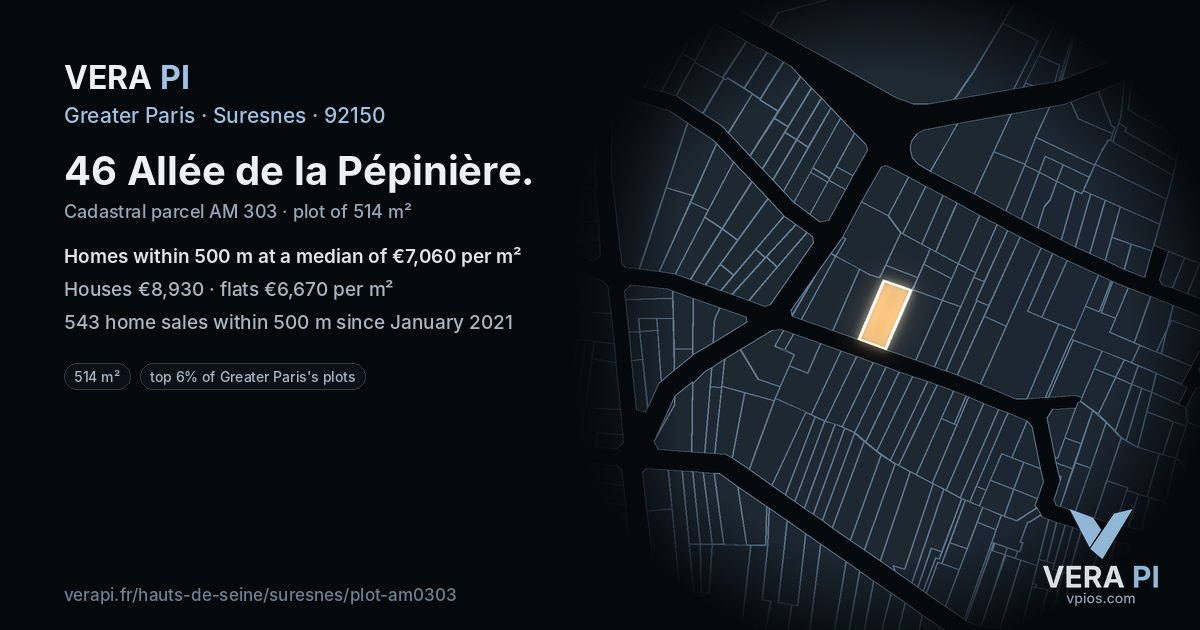 46 Allée de la Pépinière, Suresnes at night – the plot lit, the parcels around coloured by the prices near them