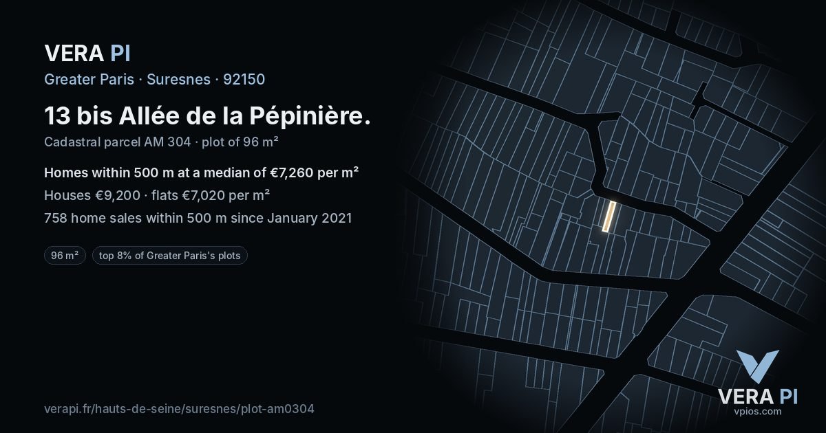 13 bis Allée de la Pépinière, Suresnes at night – the plot lit, the parcels around coloured by the prices near them