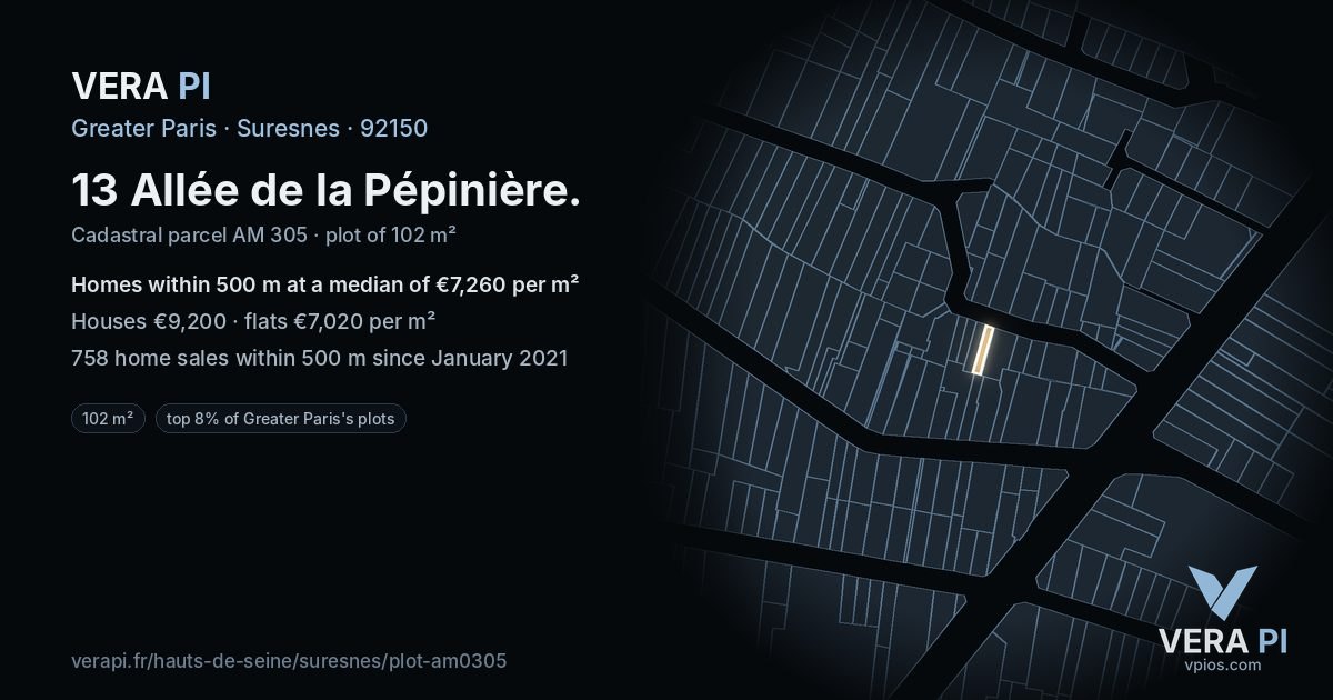 13 Allée de la Pépinière, Suresnes at night – the plot lit, the parcels around coloured by the prices near them