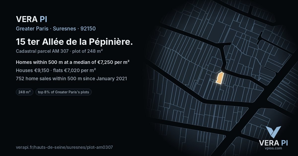 15 ter Allée de la Pépinière, Suresnes at night – the plot lit, the parcels around coloured by the prices near them