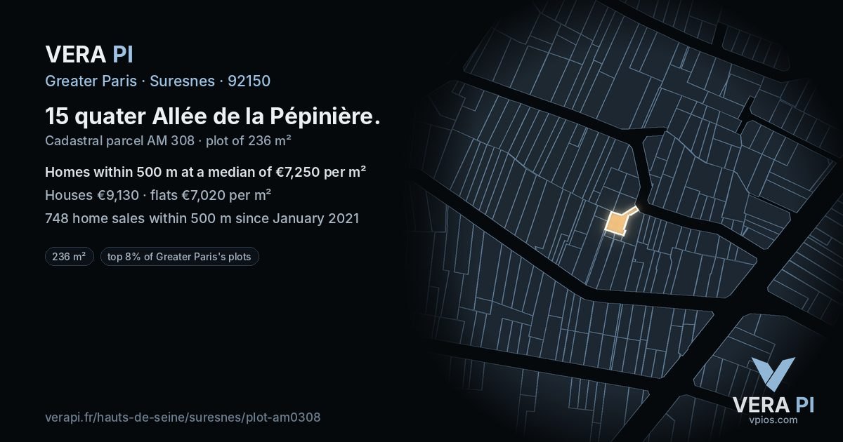 15 quater Allée de la Pépinière, Suresnes at night – the plot lit, the parcels around coloured by the prices near them