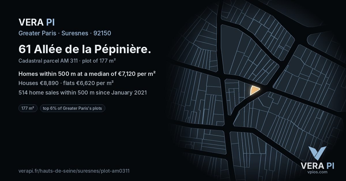 61 Allée de la Pépinière, Suresnes at night – the plot lit, the parcels around coloured by the prices near them