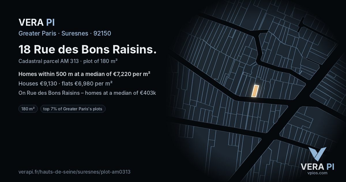 18 Rue des Bons Raisins, Suresnes at night – the plot lit, the parcels around coloured by the prices near them