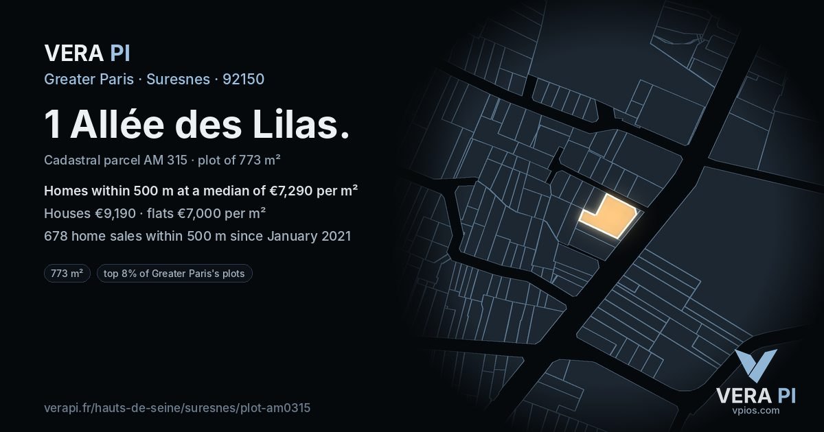 1 Allée des Lilas, Suresnes at night – the plot lit, the parcels around coloured by the prices near them
