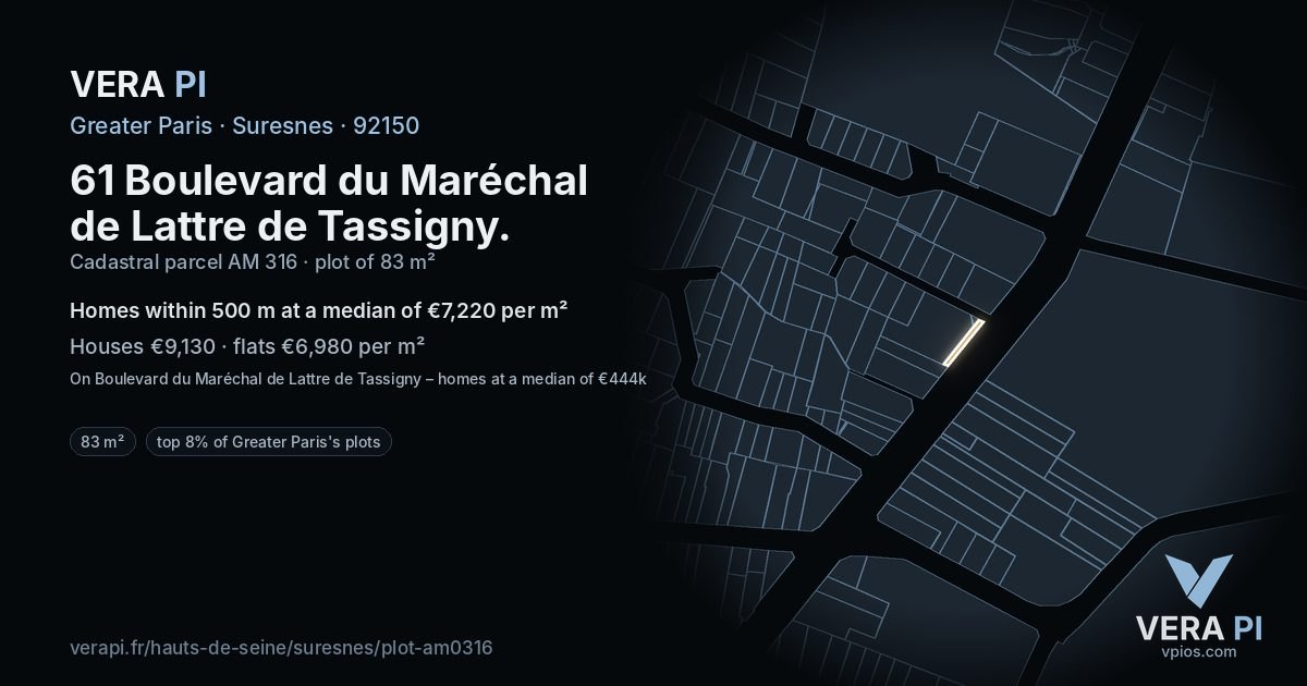 61 Boulevard du Maréchal de Lattre de Tassigny, Suresnes at night – the plot lit, the parcels around coloured by the prices near them