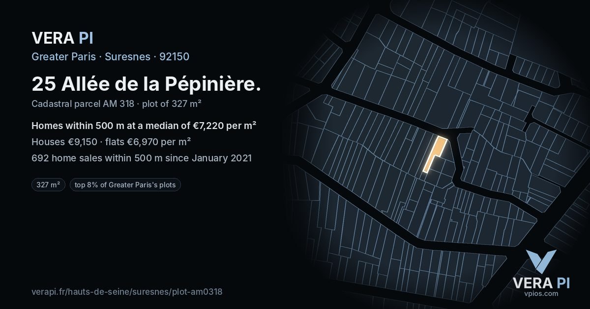 25 Allée de la Pépinière, Suresnes at night – the plot lit, the parcels around coloured by the prices near them