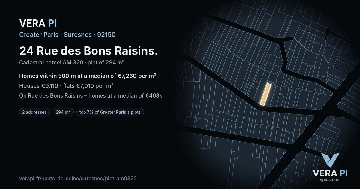 24 Rue des Bons Raisins, Suresnes at night – the plot lit, the parcels around coloured by the prices near them