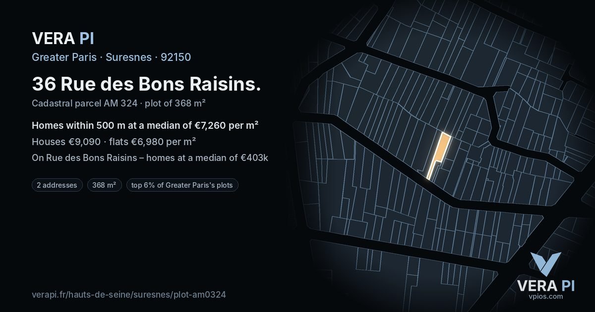 36 Rue des Bons Raisins, Suresnes at night – the plot lit, the parcels around coloured by the prices near them