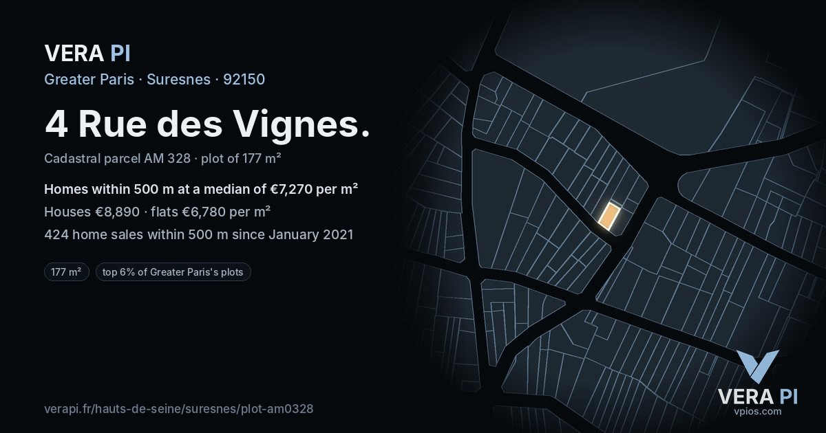 4 Rue des Vignes, Suresnes at night – the plot lit, the parcels around coloured by the prices near them