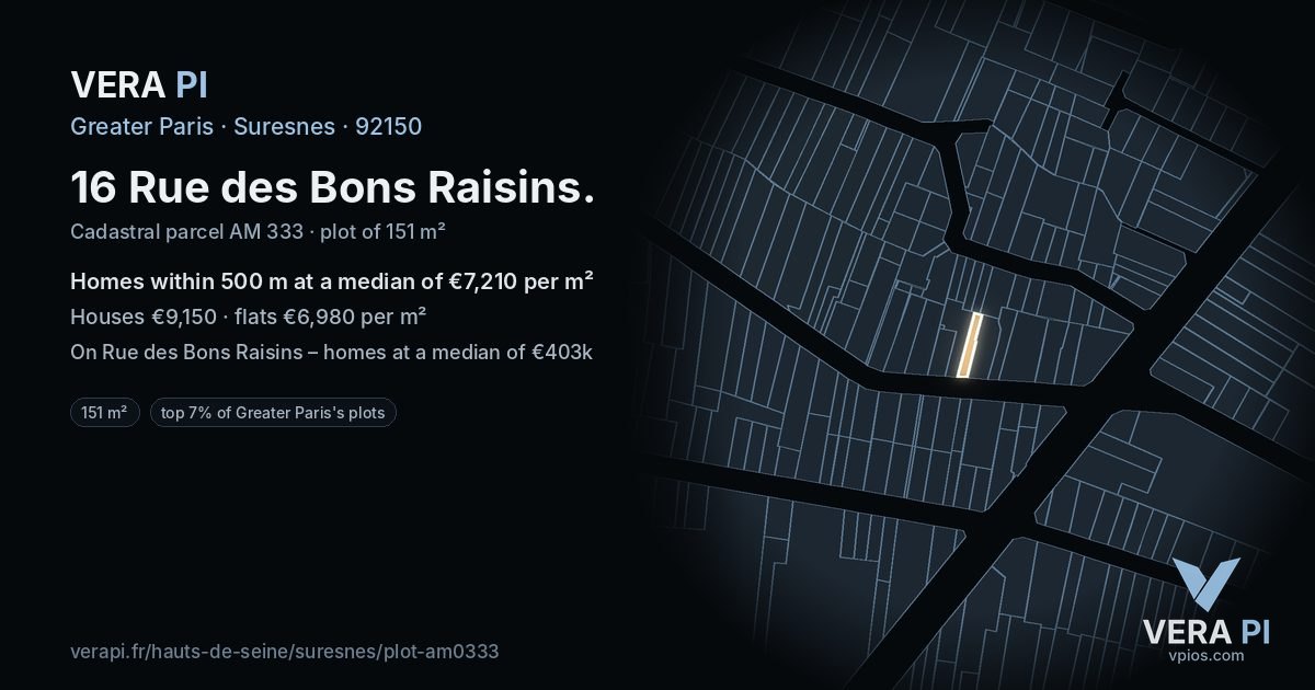 16 Rue des Bons Raisins, Suresnes at night – the plot lit, the parcels around coloured by the prices near them
