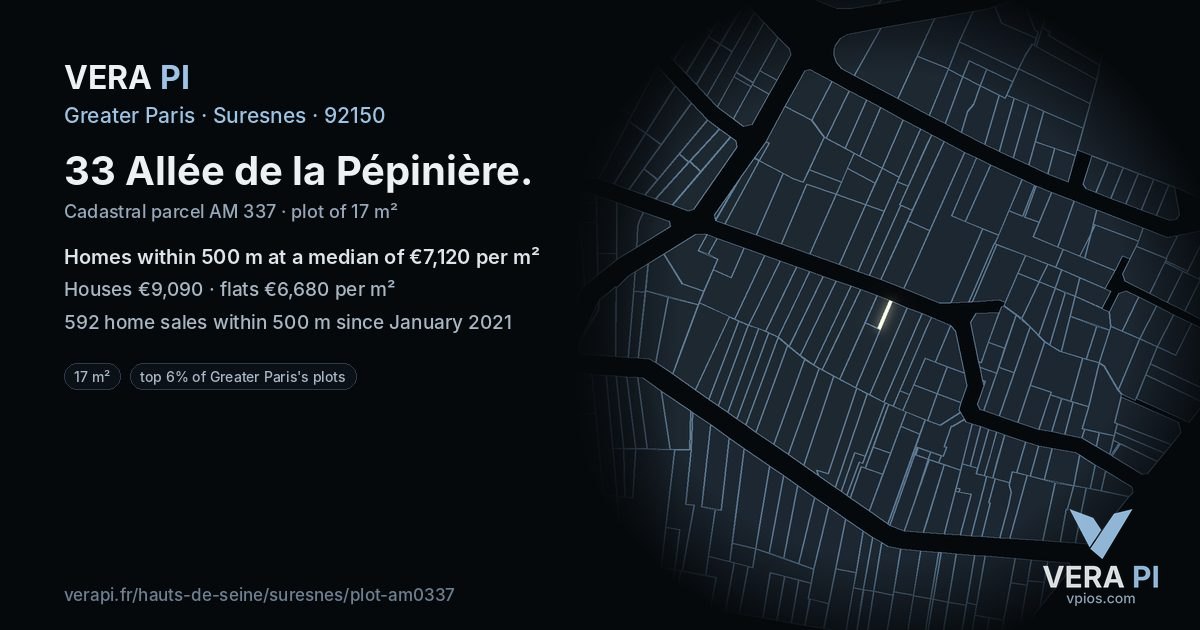 33 Allée de la Pépinière, Suresnes at night – the plot lit, the parcels around coloured by the prices near them