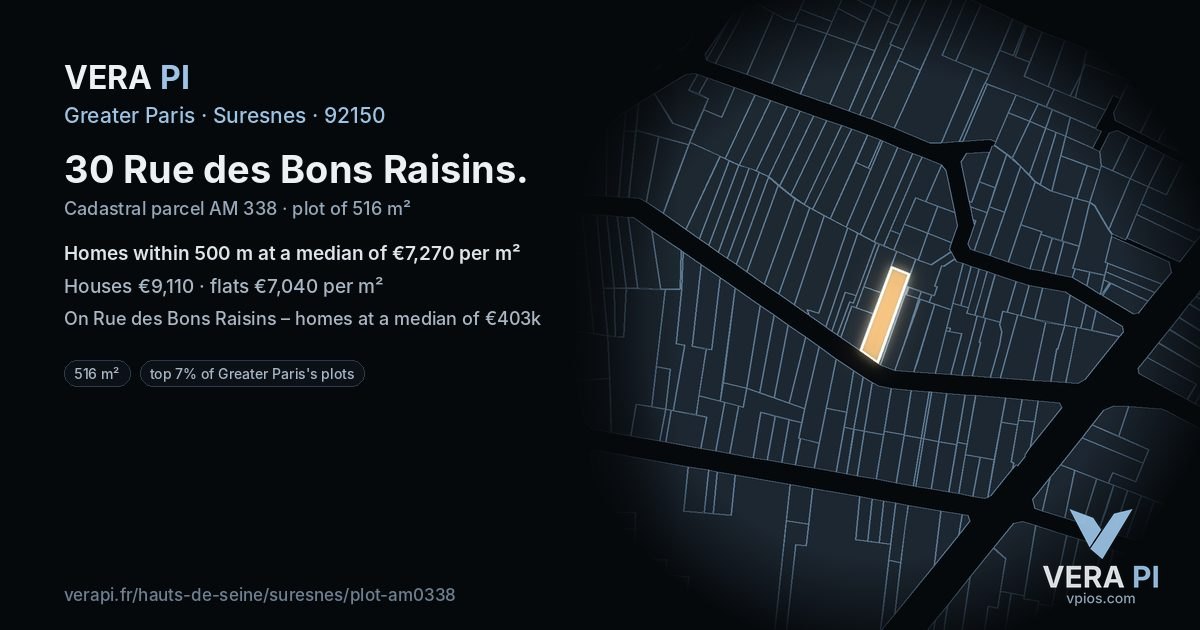 30 Rue des Bons Raisins, Suresnes at night – the plot lit, the parcels around coloured by the prices near them