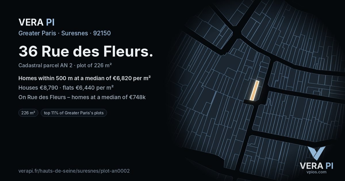 36 Rue des Fleurs, Suresnes at night – the plot lit, the parcels around coloured by the prices near them