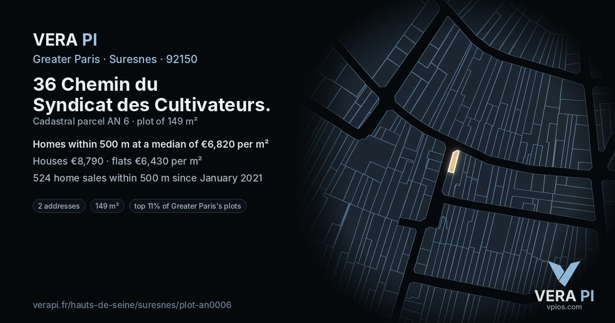 36 Chemin du Syndicat des Cultivateurs, Suresnes at night – the plot lit, the parcels around coloured by the prices near them
