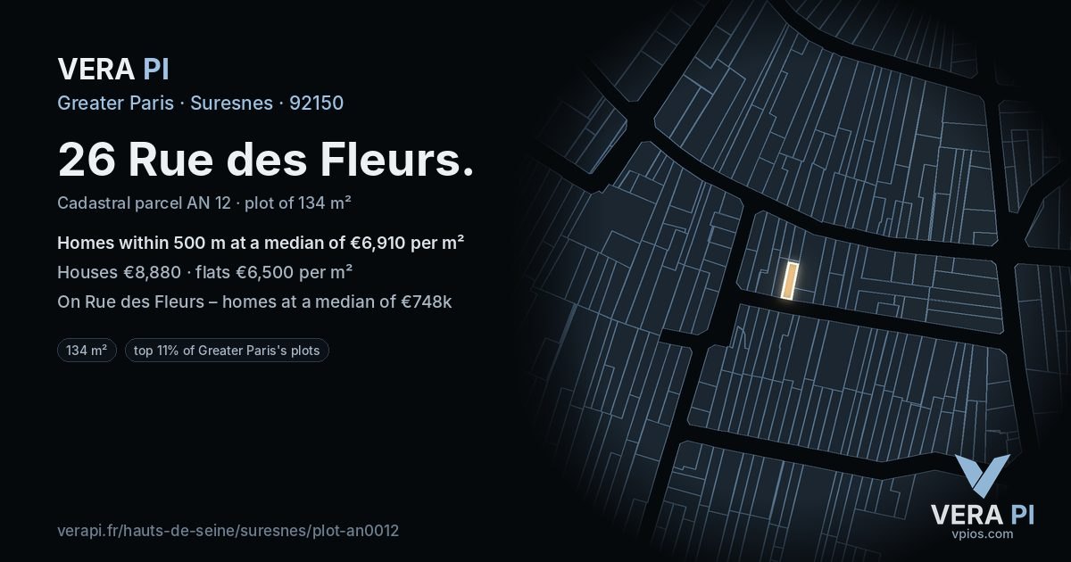 26 Rue des Fleurs, Suresnes at night – the plot lit, the parcels around coloured by the prices near them