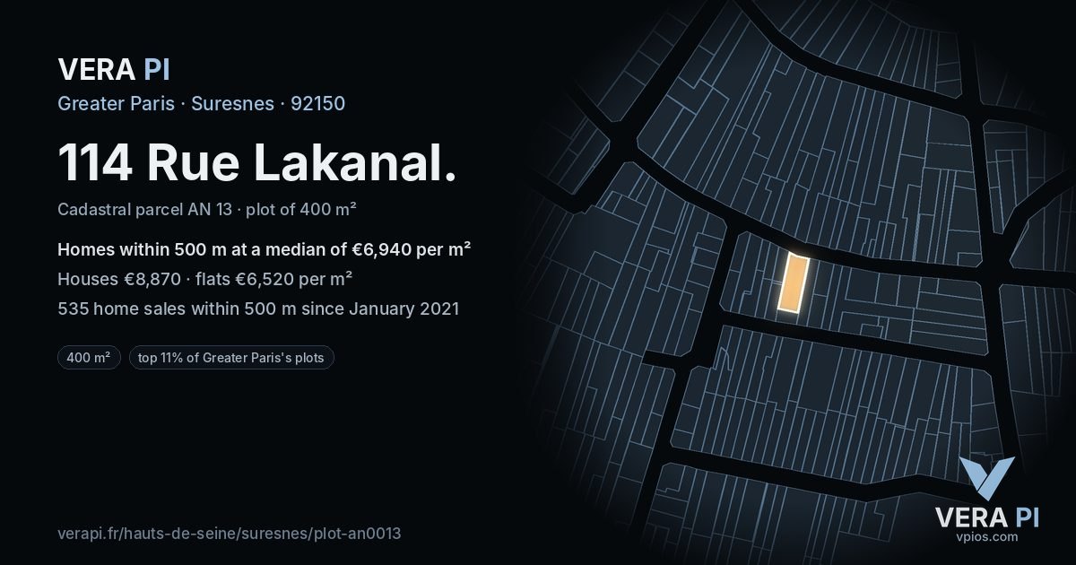 114 Rue Lakanal, Suresnes at night – the plot lit, the parcels around coloured by the prices near them
