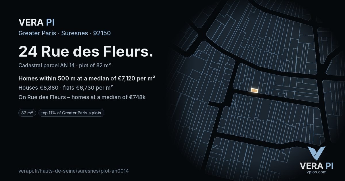 24 Rue des Fleurs, Suresnes at night – the plot lit, the parcels around coloured by the prices near them