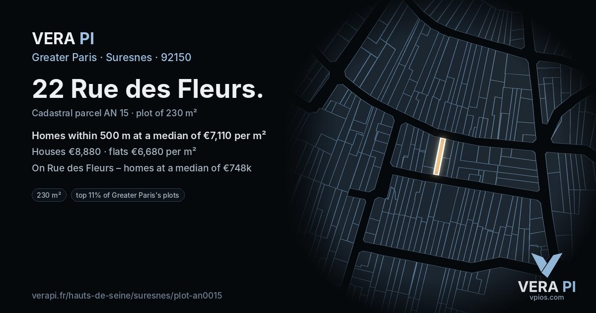 22 Rue des Fleurs, Suresnes at night – the plot lit, the parcels around coloured by the prices near them
