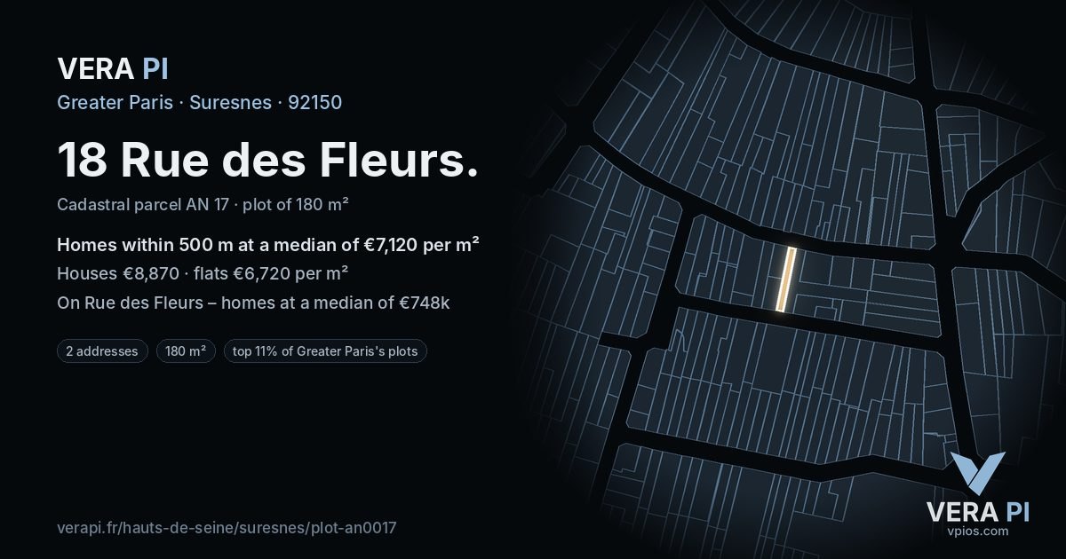 18 Rue des Fleurs, Suresnes at night – the plot lit, the parcels around coloured by the prices near them