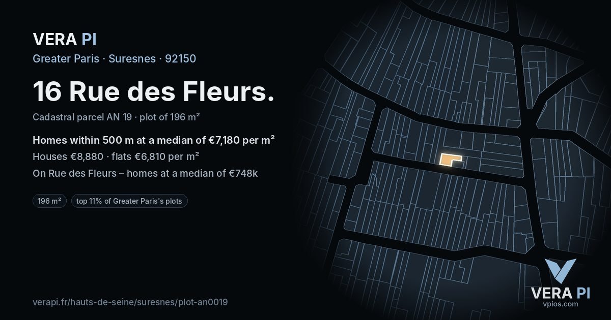 16 Rue des Fleurs, Suresnes at night – the plot lit, the parcels around coloured by the prices near them