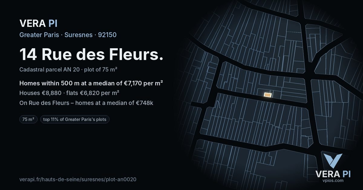 14 Rue des Fleurs, Suresnes at night – the plot lit, the parcels around coloured by the prices near them
