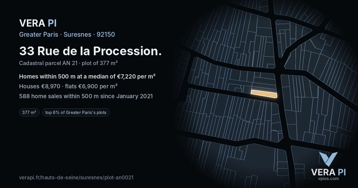 33 Rue de la Procession, Suresnes at night – the plot lit, the parcels around coloured by the prices near them