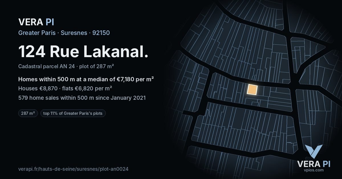 124 Rue Lakanal, Suresnes at night – the plot lit, the parcels around coloured by the prices near them