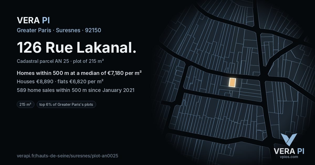 126 Rue Lakanal, Suresnes at night – the plot lit, the parcels around coloured by the prices near them