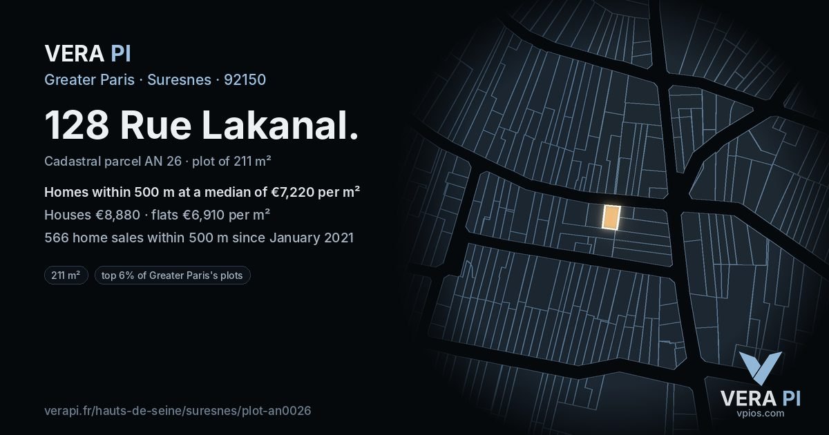 128 Rue Lakanal, Suresnes at night – the plot lit, the parcels around coloured by the prices near them