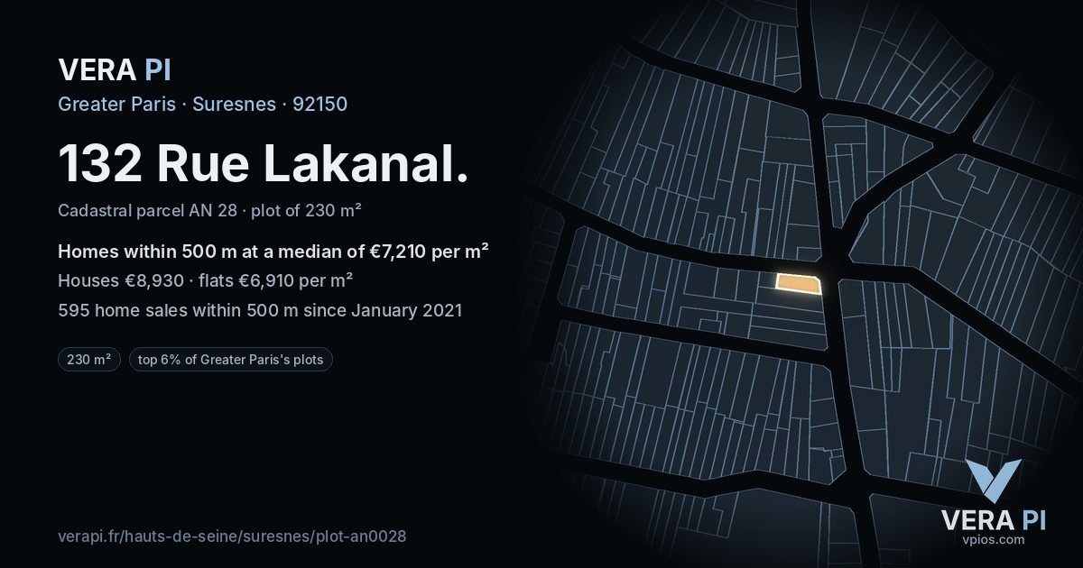 132 Rue Lakanal, Suresnes at night – the plot lit, the parcels around coloured by the prices near them