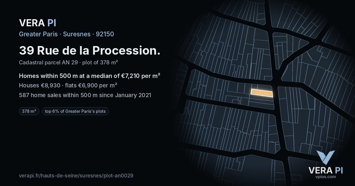 39 Rue de la Procession, Suresnes at night – the plot lit, the parcels around coloured by the prices near them