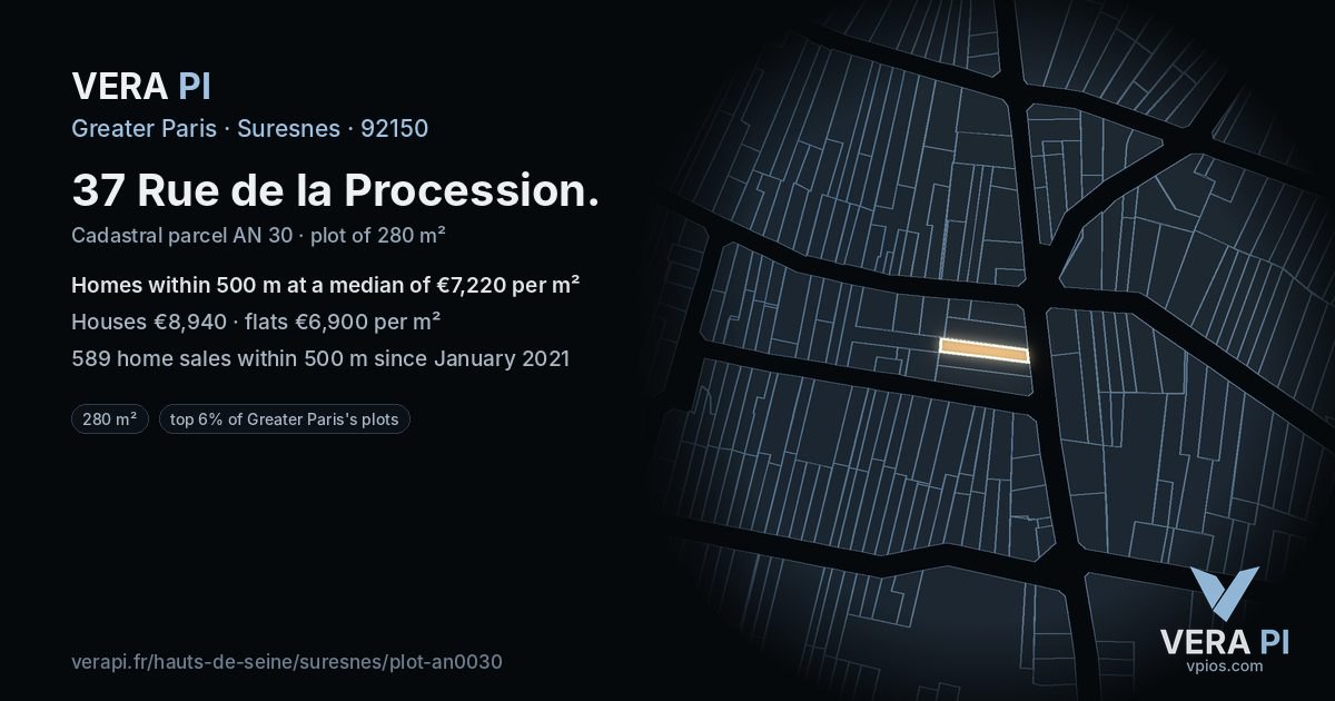 37 Rue de la Procession, Suresnes at night – the plot lit, the parcels around coloured by the prices near them