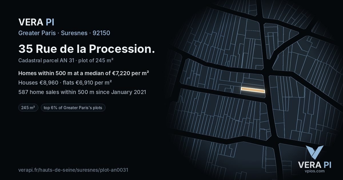 35 Rue de la Procession, Suresnes at night – the plot lit, the parcels around coloured by the prices near them