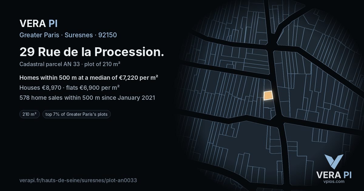 29 Rue de la Procession, Suresnes at night – the plot lit, the parcels around coloured by the prices near them