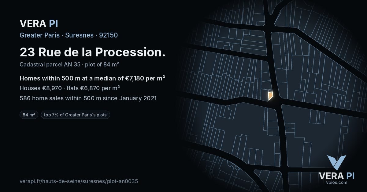 23 Rue de la Procession, Suresnes at night – the plot lit, the parcels around coloured by the prices near them