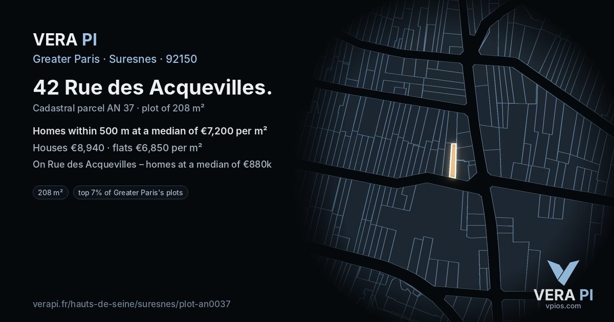 42 Rue des Acquevilles, Suresnes at night – the plot lit, the parcels around coloured by the prices near them
