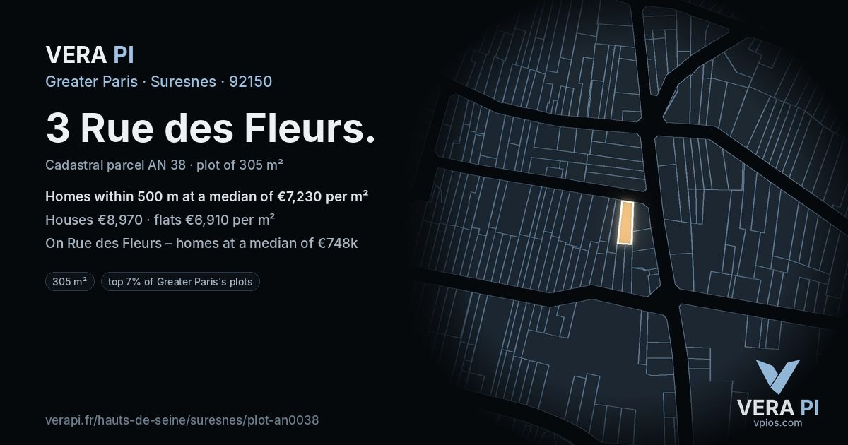 3 Rue des Fleurs, Suresnes at night – the plot lit, the parcels around coloured by the prices near them