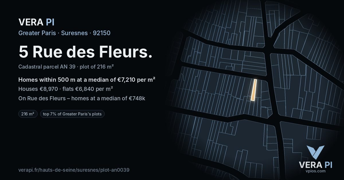 5 Rue des Fleurs, Suresnes at night – the plot lit, the parcels around coloured by the prices near them