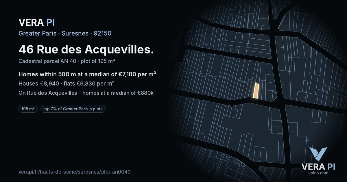 46 Rue des Acquevilles, Suresnes at night – the plot lit, the parcels around coloured by the prices near them