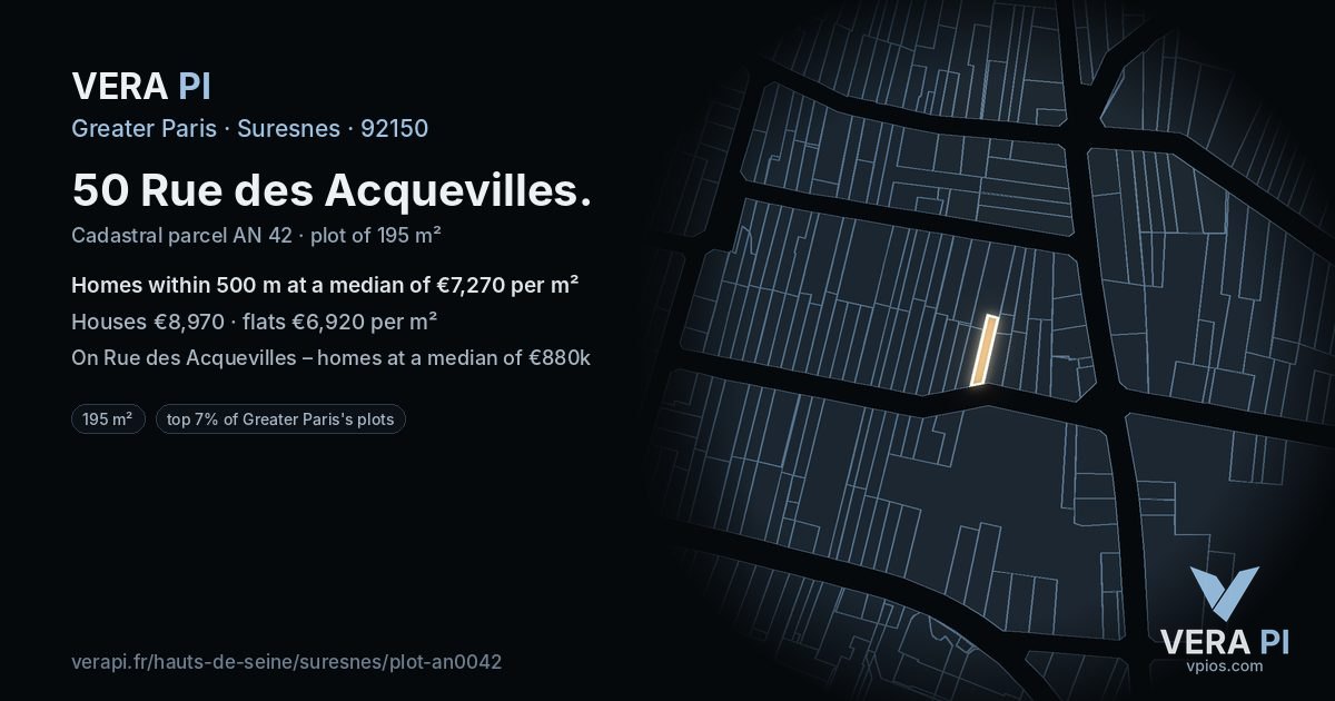 50 Rue des Acquevilles, Suresnes at night – the plot lit, the parcels around coloured by the prices near them