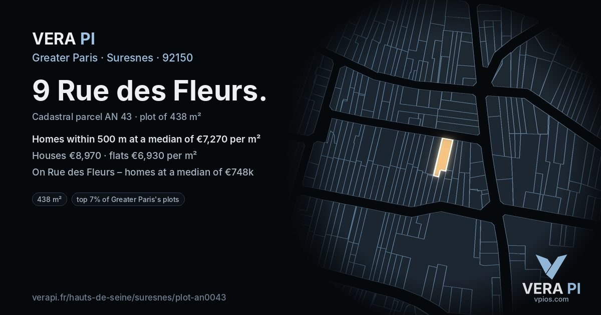 9 Rue des Fleurs, Suresnes at night – the plot lit, the parcels around coloured by the prices near them