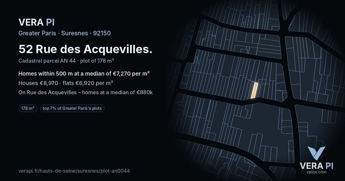 52 Rue des Acquevilles, Suresnes at night – the plot lit, the parcels around coloured by the prices near them