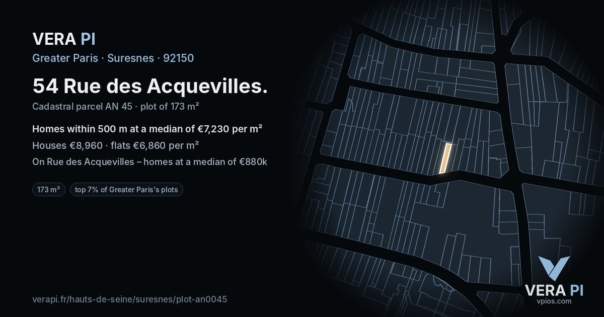 54 Rue des Acquevilles, Suresnes at night – the plot lit, the parcels around coloured by the prices near them