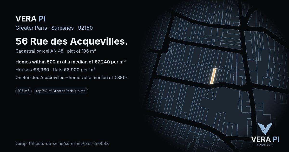 56 Rue des Acquevilles, Suresnes at night – the plot lit, the parcels around coloured by the prices near them