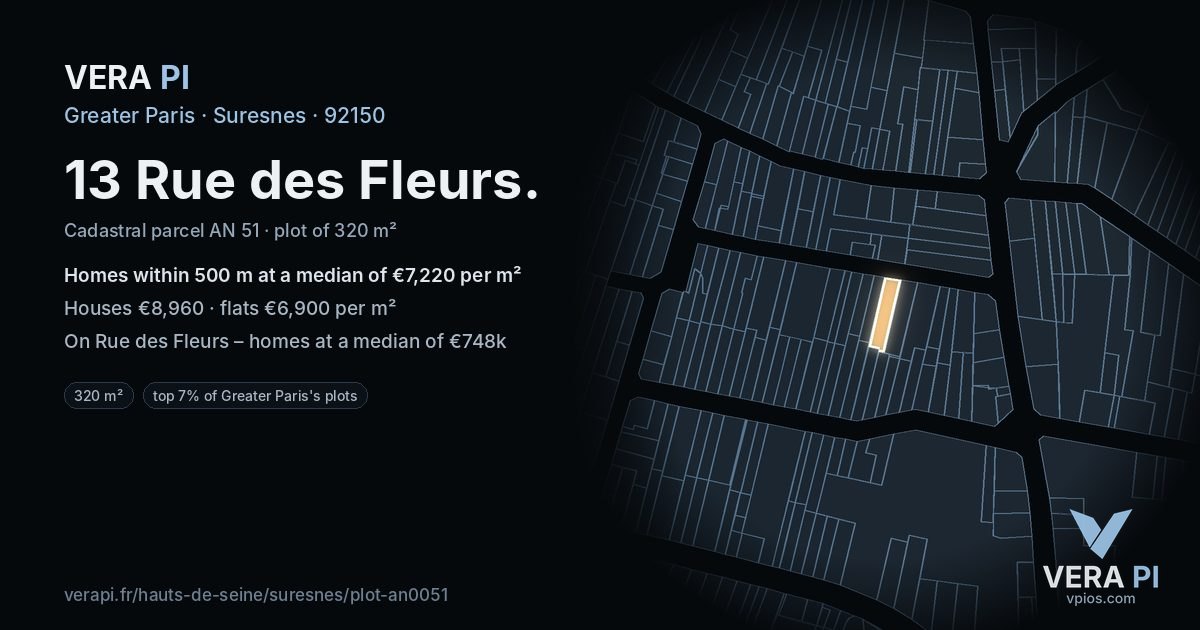 13 Rue des Fleurs, Suresnes at night – the plot lit, the parcels around coloured by the prices near them