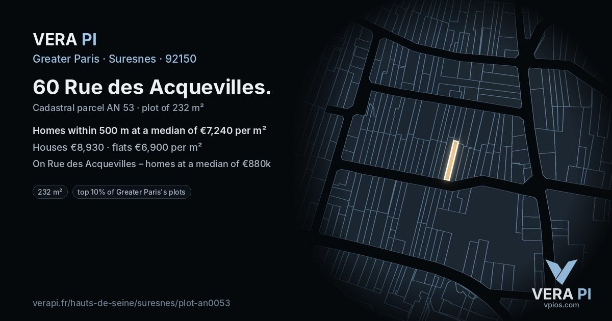 60 Rue des Acquevilles, Suresnes at night – the plot lit, the parcels around coloured by the prices near them