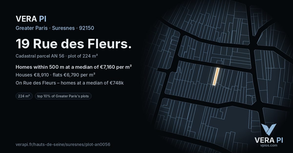 19 Rue des Fleurs, Suresnes at night – the plot lit, the parcels around coloured by the prices near them